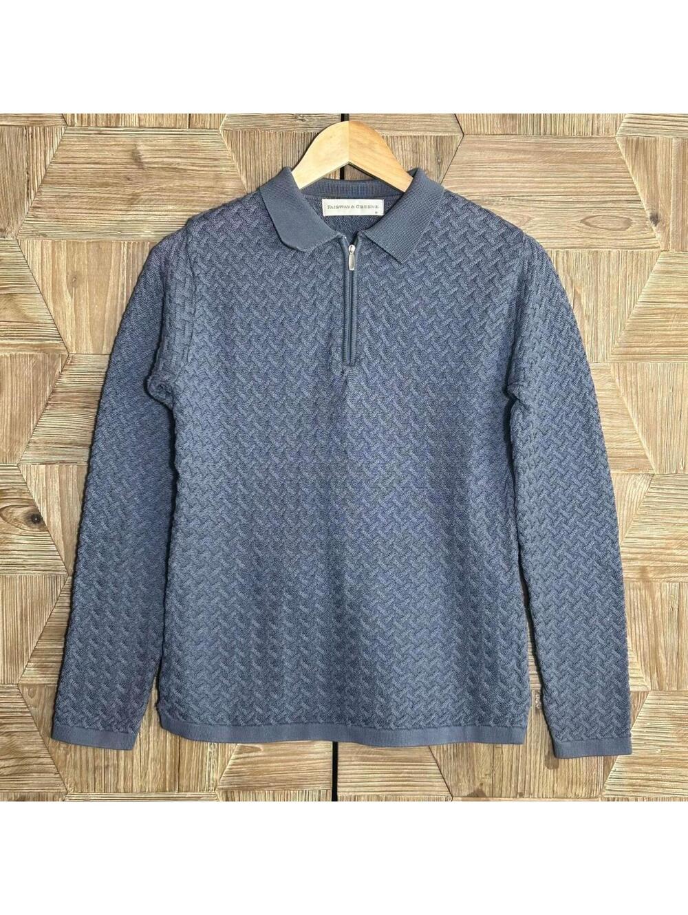 Fairway & Greene Blue Quarter Zip Sweater Cotton Diamond Knit S/P Preppy